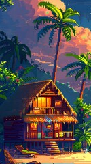 Pixel art of a tropical beach house