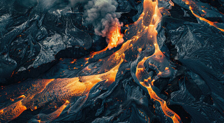 Aerial view of an erupting volcano in Iceland, with lava flowing down the side and into two large rivers that flow to the ocean on either end.