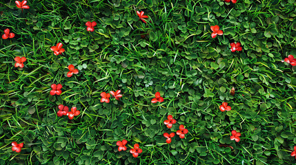 Obraz premium Red flowers on green grass background. Top view. Floral pattern. 
