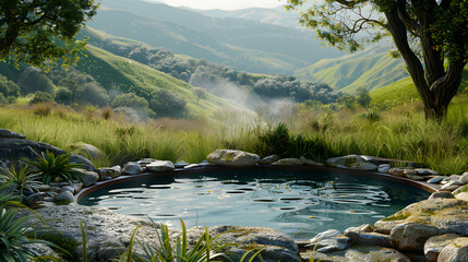 Secluded Hot Springs Hideaway: Peaceful Retreat with Panoramic Highland Views in the Hills   Photo Realistic Concept
