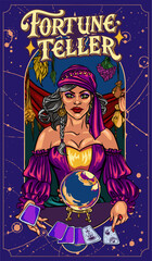 Beautiful woman prophetess, fortune teller with Tarot cards. Color line vector illustration. Boho style for icon, logo, avatar, tattoo, poster, print design,