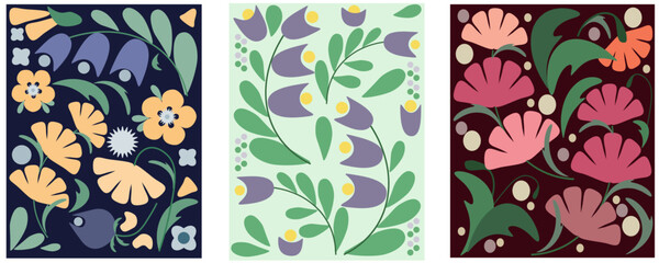 Set of three floral cartoon patterns for wallpaper, cover, postcard, wall decor design