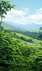 Asian tea concept, two white cups of tea and teapot surrounded with green tea dry leaves