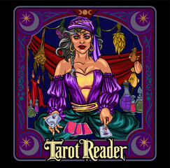 Tarot banners with gypsy fortune teller, ritual cards and magic ball. Vector posters of future predict, cartomancy with cartoon illustration of soothsayer and crystal sphere on table, Tarot divination