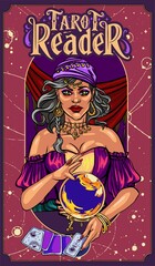 Gypsy fortune teller with magic crystal ball, candles on table, flat vector illustration. Astrology, mystical fortuneteller accessories. Tarot cards, spell book, potion. Occultism, palmistry, esoteric