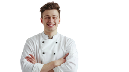 Happy young chef isolated on transparent and white background.PNG image.
