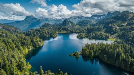 Fototapeta na wymiar Aerial view of the Strathcona Provincial Park in British Columbia, Canada, a vast wilderness area known for its rugged mo