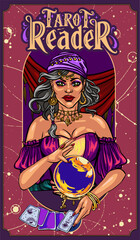 Obraz premium Gypsy fortune teller with magic crystal ball, candles on table, flat vector illustration. Astrology, mystical fortuneteller accessories. Tarot cards, spell book, potion. Occultism, palmistry, esoteric