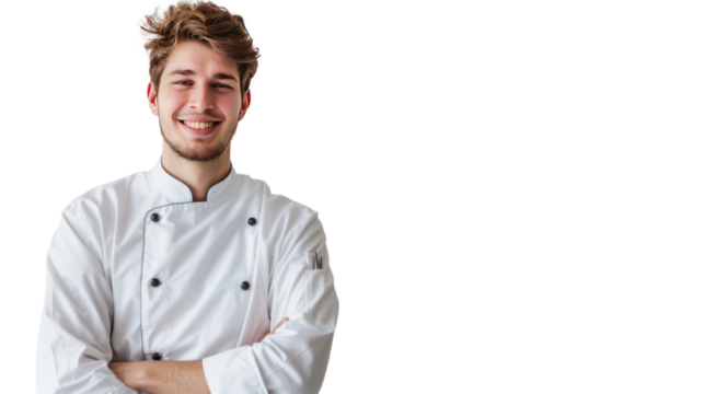 Happy young chef isolated on transparent and white background.PNG image.