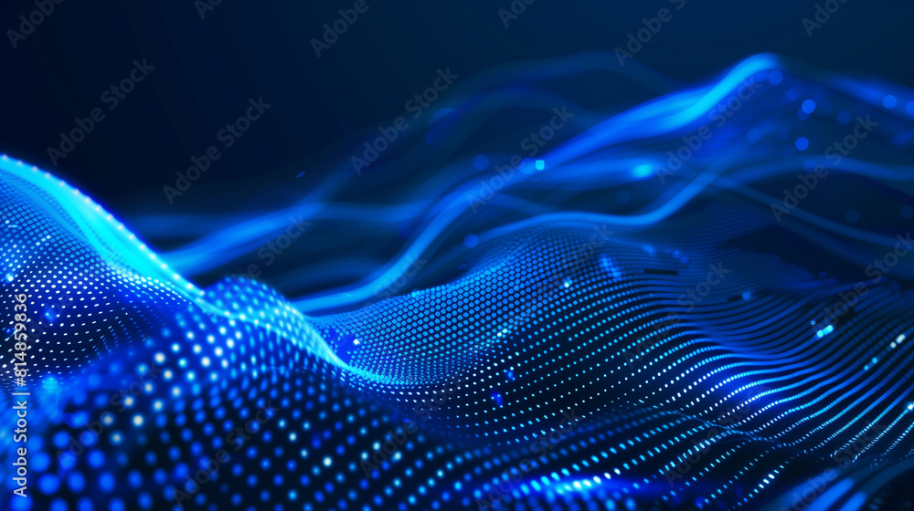 Poster a blue wave with dots on it. the wave is very large and has a lot of dots
