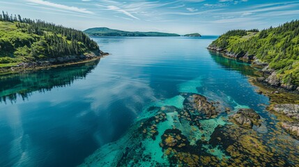 Aerial view of the Shellburne Bay in Newfoundland, Canada, a remote and untouched bay area with...