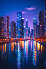 Fototapeta premium A glistening city skyline illuminated against the night sky, with dazzling lights reflecting in the calm waters of an urban river.