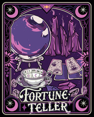 Gypsy fortune teller with magic crystal ball, candles on table, flat vector illustration. Astrology, mystical fortuneteller accessories. Tarot cards, spell book, potion. Occultism, palmistry, esoteric