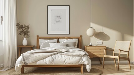 Modern bedroom with beige walls, streamlined wooden furniture, and a statement piece of black and white photography,