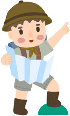 Obraz premium Backpacker searches route, way on paper map in hike. Man in warm outfit travel with backpack