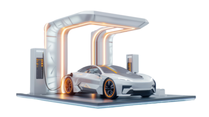 Futuristic electric car charging station isolated on transparent and white background.PNG image.