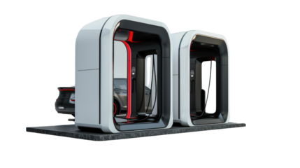 Futuristic electric car charging station isolated on transparent and white background.PNG image.