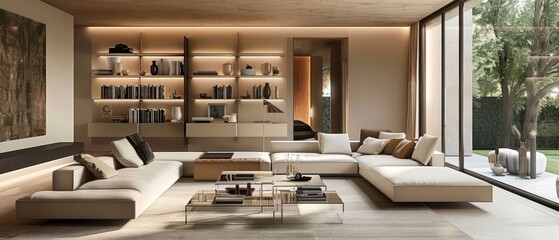 Modern living room in beige with minimalist shelving, a low-profile sofa, and a transparent coffee table,