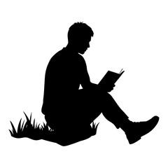 a man reading book sitting on the field ground grass vector silhouette