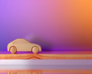 A sleek, modern still life featuring a small wooden car placed on a vibrant, colorful surface with a gradient background. This eye-catching composition is ideal for themes related to toys, design, and