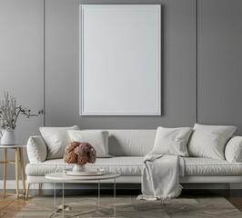 mock up poster frame in modern interior background, interior space, living room, Contemporary style, 3D render, 3D illustration.
