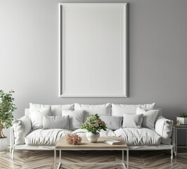 mock up poster frame in modern interior background, interior space, living room, Contemporary style, 3D render, 3D illustration.