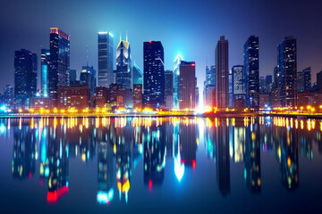 Fototapeta premium A glistening city skyline illuminated against the night sky, with dazzling lights reflecting in the calm waters of an urban river.