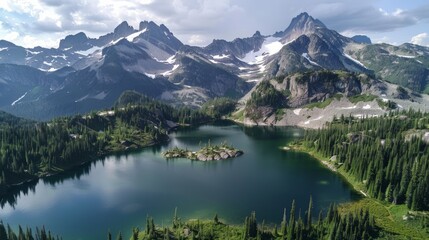 Aerial view of the Valhalla Provincial Park in British Columbia, Canada, a pristine wilderness area featuring majestic mo