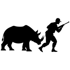 Obraz premium a man hunting rhinoceros in wild nature vector silhouette black color illustration