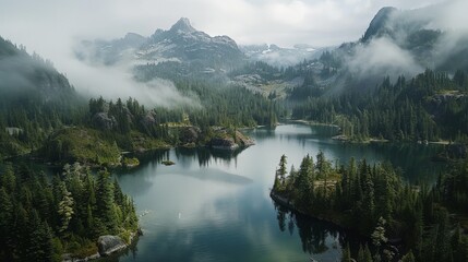 Aerial view of the Valhalla Provincial Park in British Columbia, Canada, a pristine wilderness area featuring majestic mo