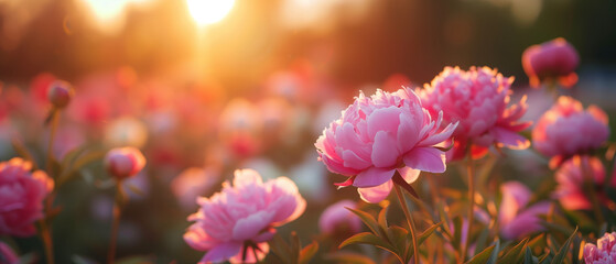 Pink peonies in meadow bathed in golden sunset light.