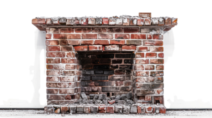 Exposed Brick Fireplace isolated on transparent and white background.PNG image.