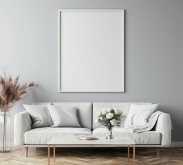 mock up poster frame in modern interior background, interior space, living room, Contemporary style, 3D render, 3D illustration.