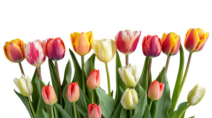 Colorful tulips bunch isolated on transparent and white background.PNG image.