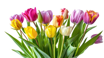 Obraz premium Colorful tulips bunch isolated on transparent and white background.PNG image.