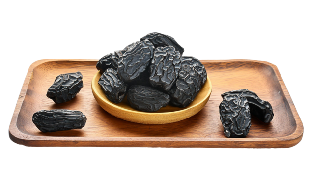 Whole and cut sweet ajwa dates on a wooden plate