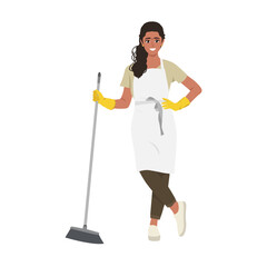 Young indian woman sweep the floor using broom. Flat vector illustration isolated on white background