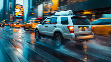 Fototapeta premium Wheels of a white SUV caught in motion blur, passing yellow cabs on NYC streets at dusk