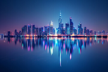 Fototapeta premium A glistening city skyline illuminated against the night sky, with dazzling lights reflecting in the calm waters of an urban river.