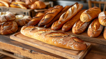 A display of freshly baked baguettes, showcasing their golden brown crusts and soft interior textures, was arranged on an old wooden table at the French bakery.