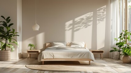 Minimalist bedroom featuring neutral beige walls, a low-profile bed, and sleek furniture, accented with subtle green plants,