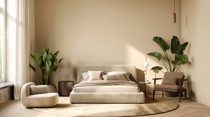 Minimalist bedroom featuring neutral beige walls, a low-profile bed, and sleek furniture, accented with subtle green plants,