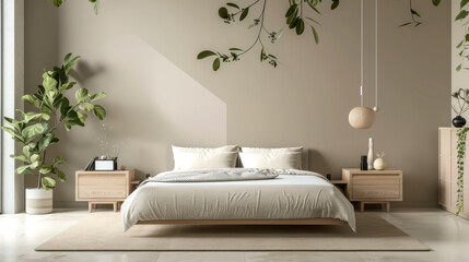 Minimalist bedroom featuring neutral beige walls, a low-profile bed, and sleek furniture, accented with subtle green plants,
