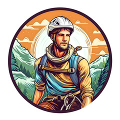 Illustration sticker image of a male hiker against a circular background
