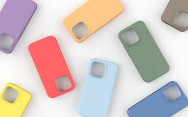 colorful phone cases lying on white background top view