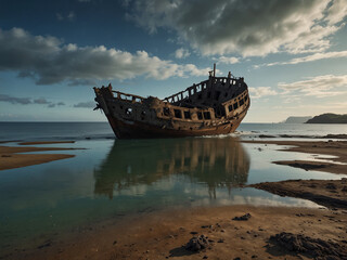 A wrecked ship lies abandoned on the shores of a deep island with no one around