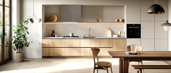 Minimalist kitchen with modern Scandinavian influences, featuring light wood cabinets and simple hardware,