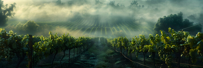Misty Morning Vineyard: Morning mist over grapevines in wine country   Photo realistic concept capturing the early start in the vineyard