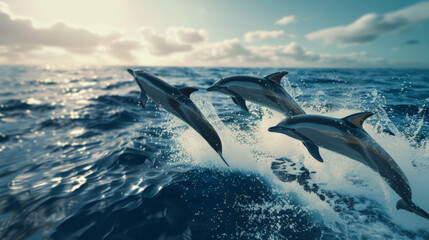 Aerial view of dolphins leaping out of the water, splashing, set against the backdrop of a deep blue ocean. 
