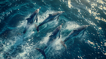 Fototapeta premium Aerial view of dolphins leaping out of the water, splashing, set against the backdrop of a deep blue ocean. 